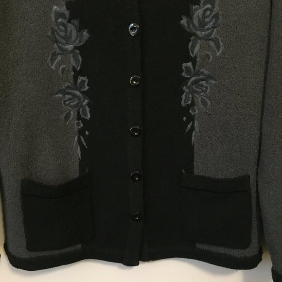 Lavena Black and Grey Embroidered Nubby Button Down Dark Cottage Cardigan - Picture 6 of 15